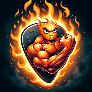 DALL·E 2024-04-09 17.48.48 - A cartoon image of a muscular guitar pick engulfed in flames, showcasing its strength and fiery passion for music. The pick is flexing its muscles, wi